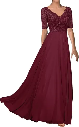 Half Sleeve Mother of The Bride Dresses for Wedding Lace Appliques Chiffon Formal Evening Party Gown