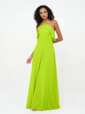 Halter Strap Chiffon Long Bridesmaid Dresses Lime Green Plus Size