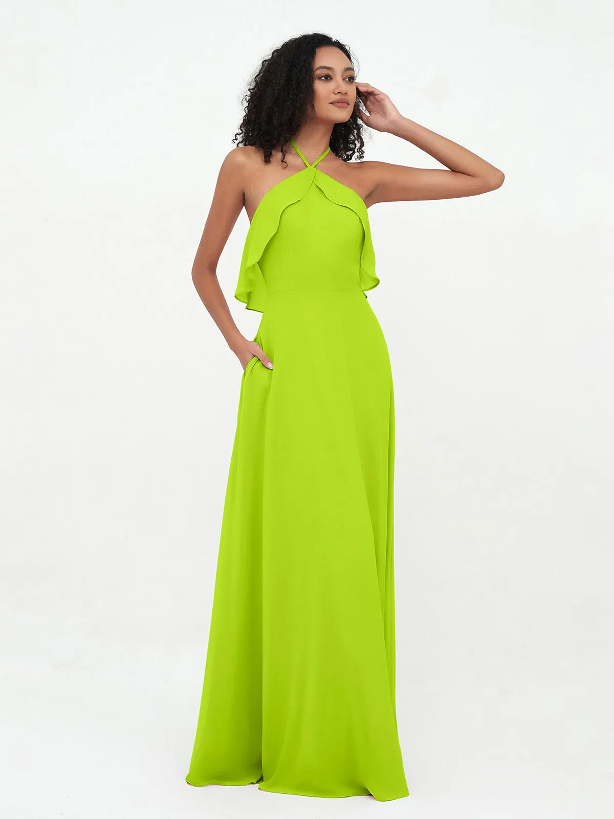 Halter Strap Chiffon Long Bridesmaid Dresses Lime Green Plus Size