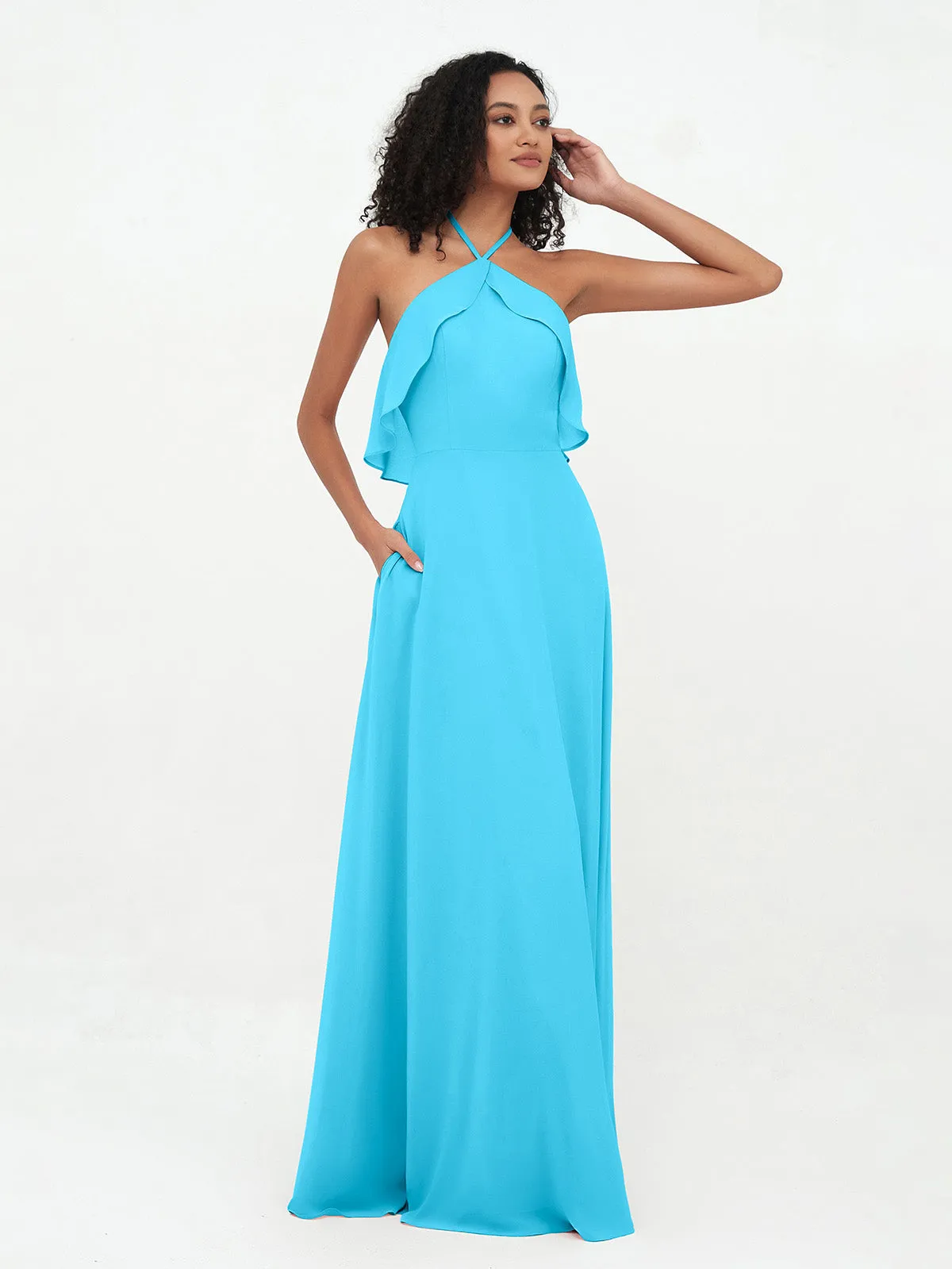 Halter Strap Chiffon Long Bridesmaid Dresses Pool
