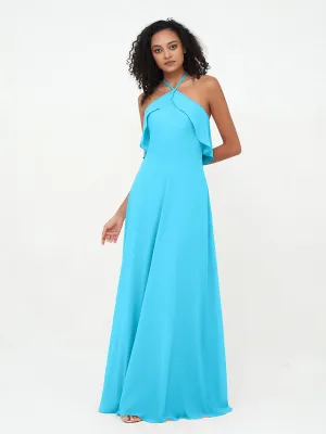 Halter Strap Chiffon Long Bridesmaid Dresses Pool