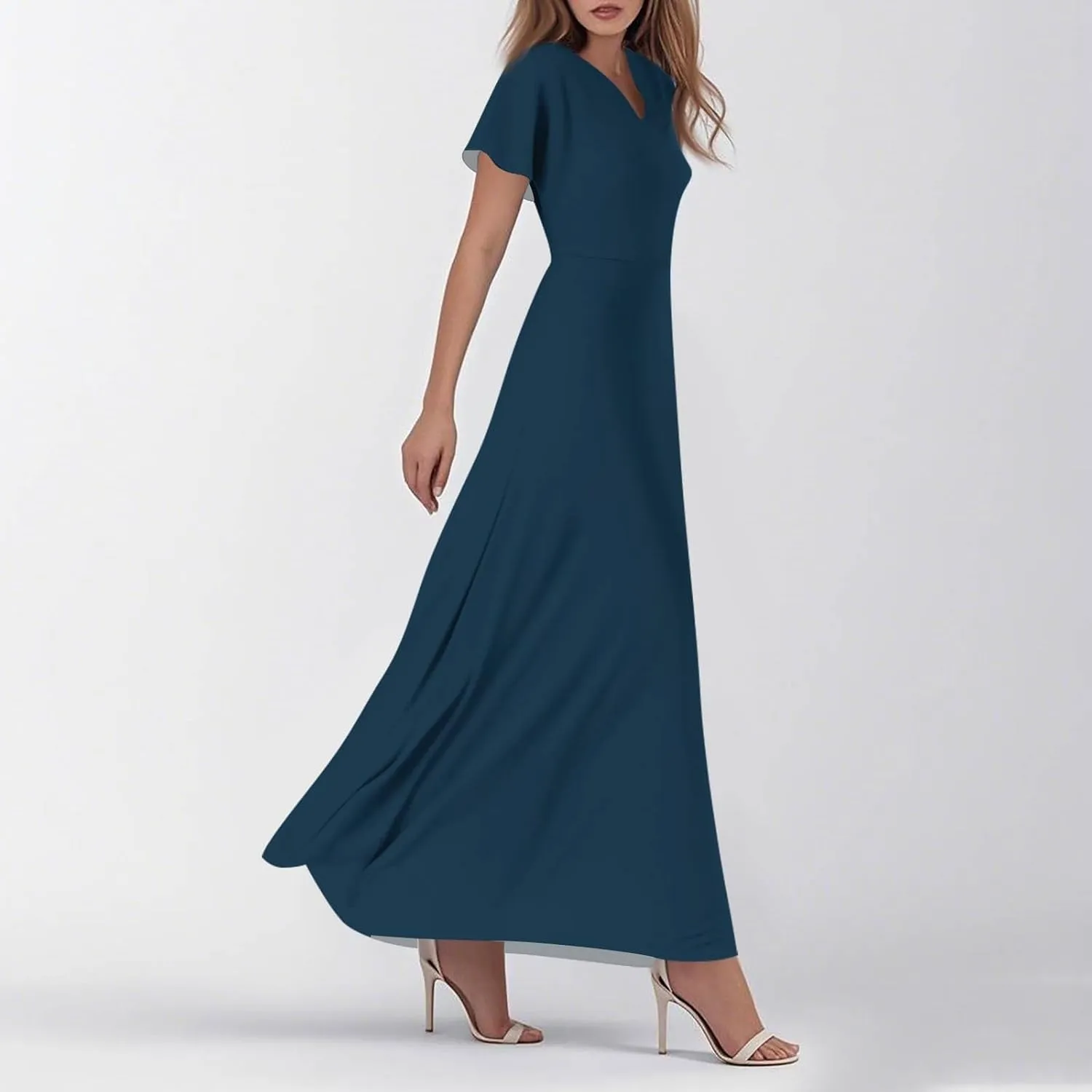 Hawaiian Dresses for Women Summer Casual Trendy Short Sleeve V-Neck Solid Color Flowy Boho Maxi Beach Dress, XS-2XL