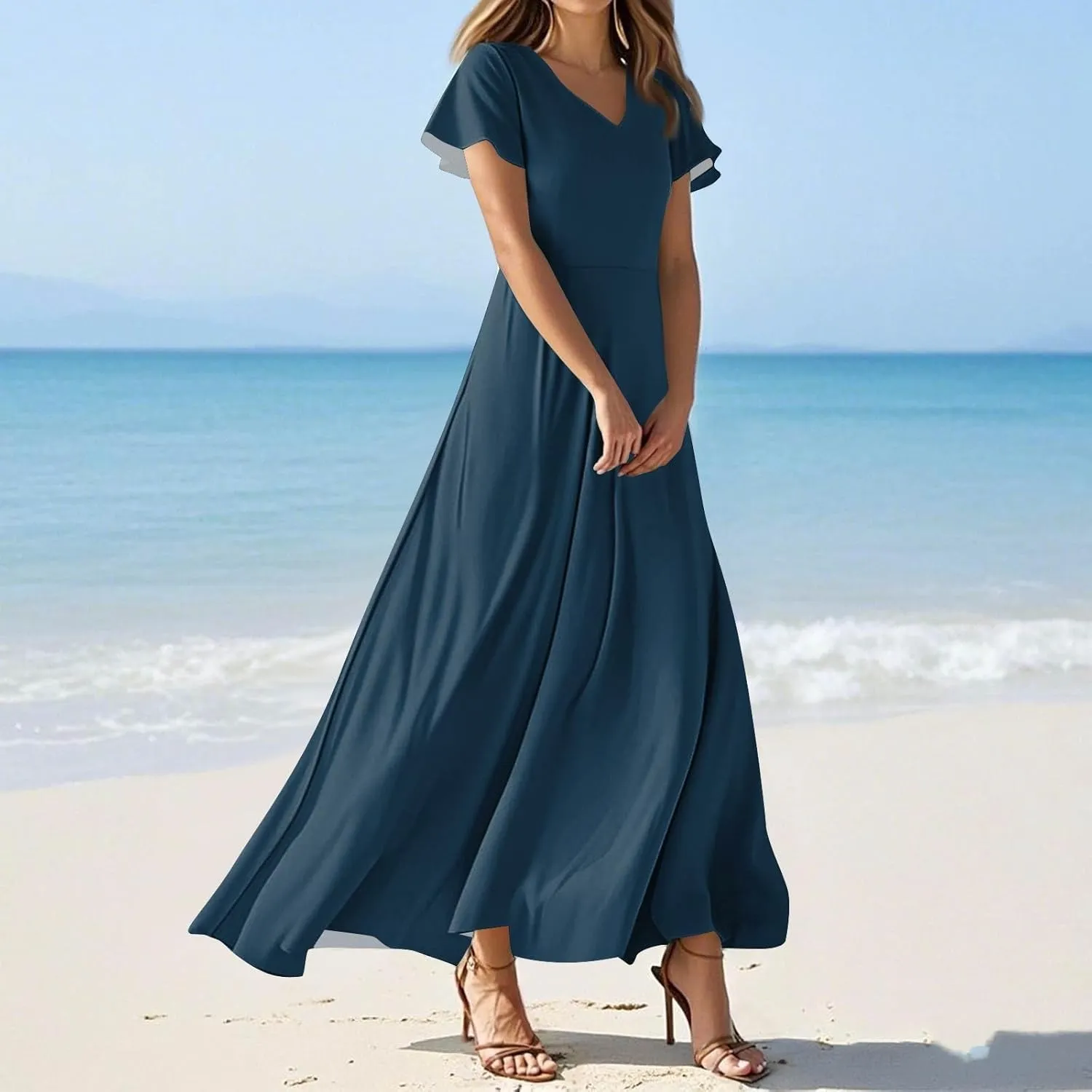 Hawaiian Dresses for Women Summer Casual Trendy Short Sleeve V-Neck Solid Color Flowy Boho Maxi Beach Dress, XS-2XL
