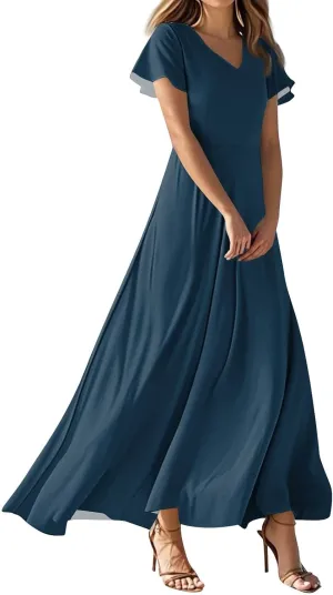 Hawaiian Dresses for Women Summer Casual Trendy Short Sleeve V-Neck Solid Color Flowy Boho Maxi Beach Dress, XS-2XL