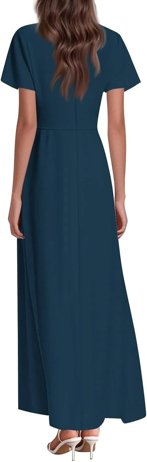 Hawaiian Dresses for Women Summer Casual Trendy Short Sleeve V-Neck Solid Color Flowy Boho Maxi Beach Dress, XS-2XL