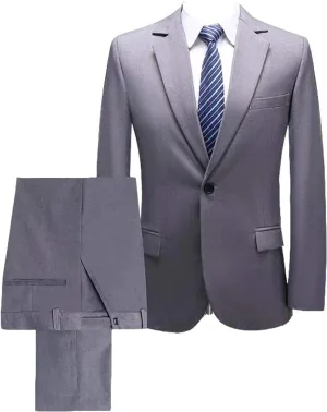 HBDesign Men Flat Collar Solid Color 1 Button 2 Piece Dress Suits (Jacket Pants)