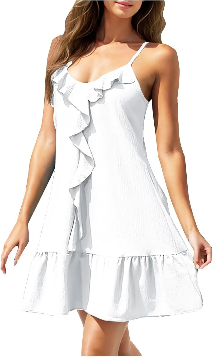 HGps8w Ruffle Mini Dress for Women Summer Loose Spaghetti Straps Sleeveless Casual V Neck Cute A-Line Beach Sun Dresses
