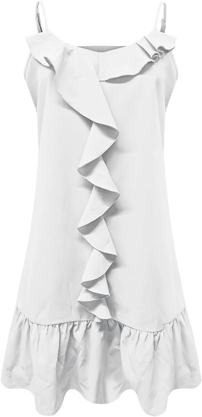 HGps8w Ruffle Mini Dress for Women Summer Loose Spaghetti Straps Sleeveless Casual V Neck Cute A-Line Beach Sun Dresses