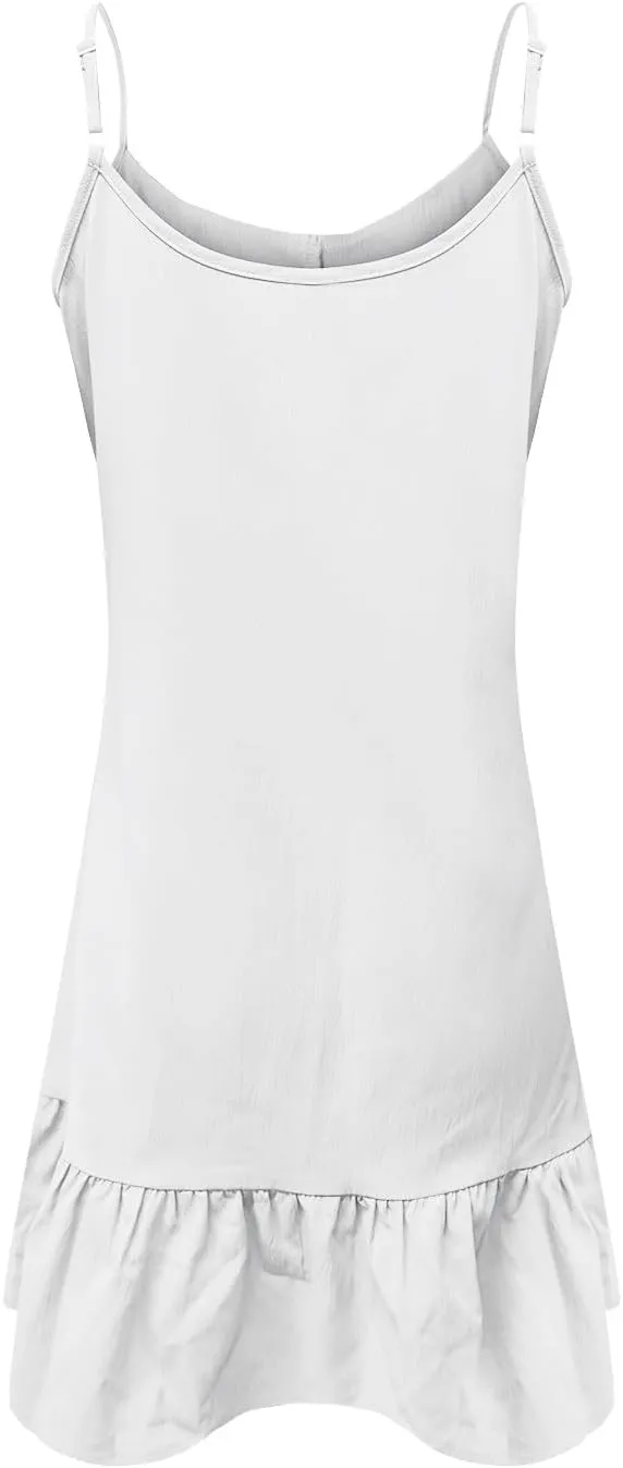 HGps8w Ruffle Mini Dress for Women Summer Loose Spaghetti Straps Sleeveless Casual V Neck Cute A-Line Beach Sun Dresses