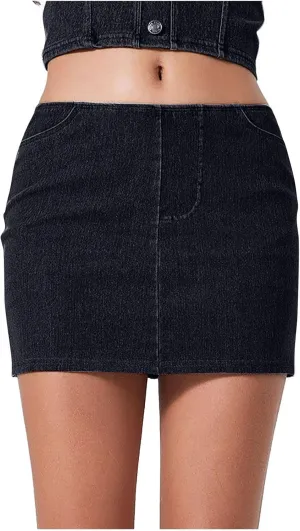 HGps8w Womens Bodycon Mini Denim Skirt with Bulit in Self Shorts, High Waisted Casual Stretch Short Jean Skirt with Pockets