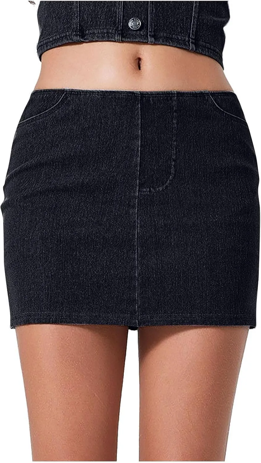 HGps8w Womens Bodycon Mini Denim Skirt with Bulit in Self Shorts, High Waisted Casual Stretch Short Jean Skirt with Pockets