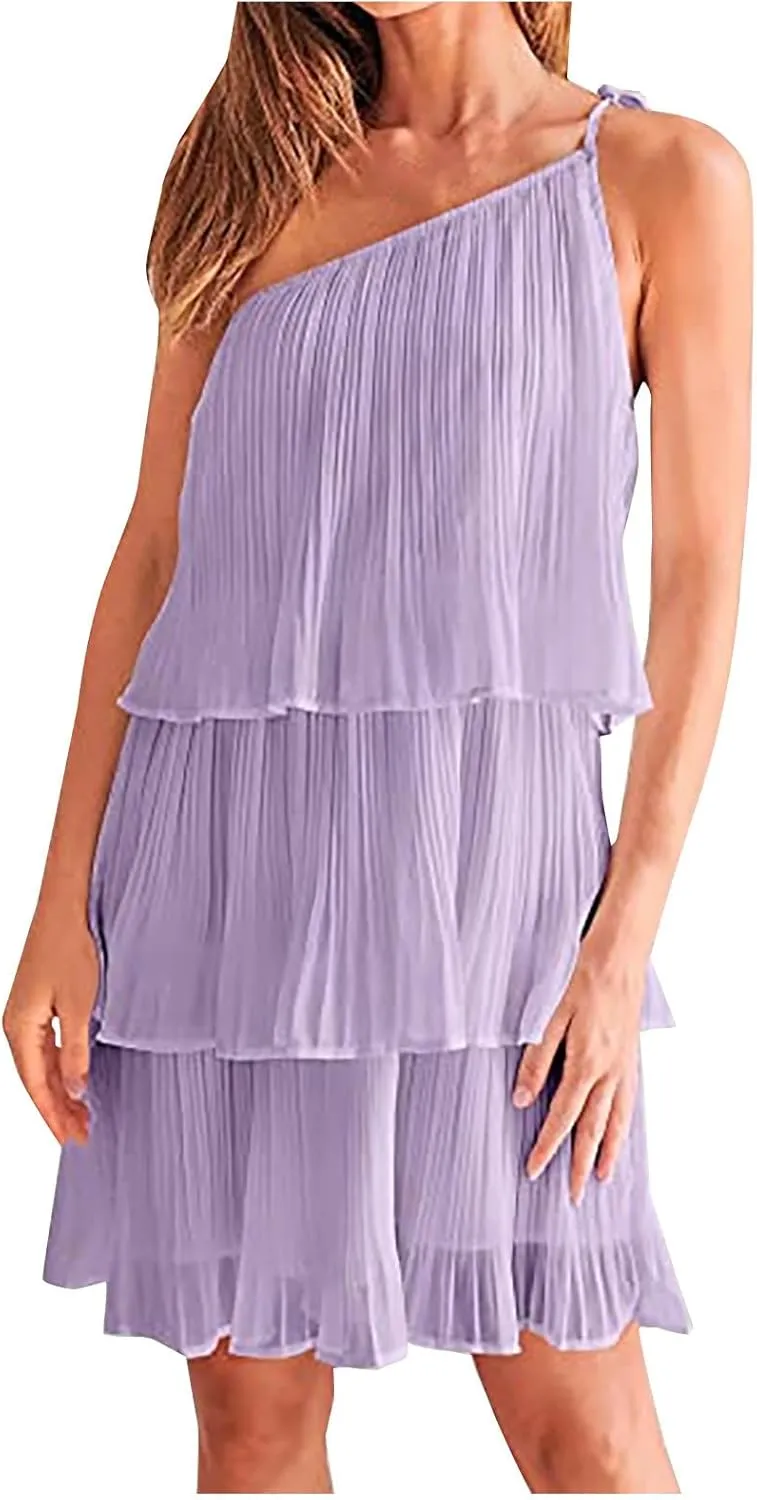 HGps8w Women's Boho One Shoulder Dresses Girls Cute Sleeveless Ruffle Tiered Layered Chiffon Pleated A Line Flowy Mini Dress