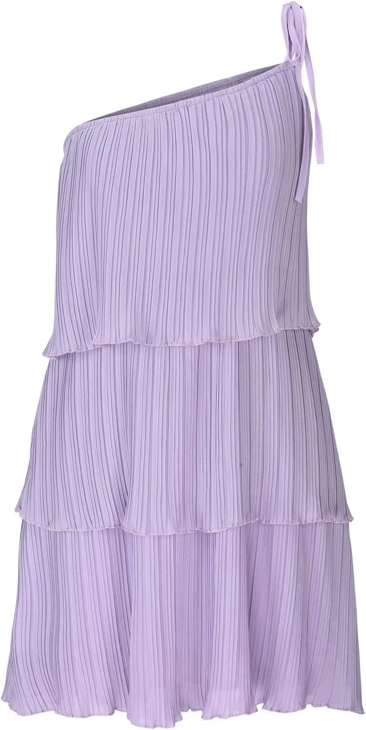 HGps8w Women's Boho One Shoulder Dresses Girls Cute Sleeveless Ruffle Tiered Layered Chiffon Pleated A Line Flowy Mini Dress