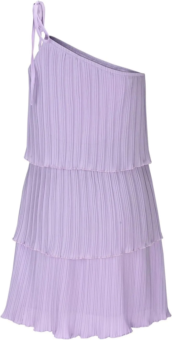 HGps8w Women's Boho One Shoulder Dresses Girls Cute Sleeveless Ruffle Tiered Layered Chiffon Pleated A Line Flowy Mini Dress