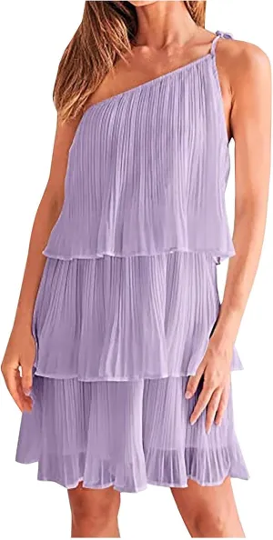 HGps8w Women's Boho One Shoulder Dresses Girls Cute Sleeveless Ruffle Tiered Layered Chiffon Pleated A Line Flowy Mini Dress