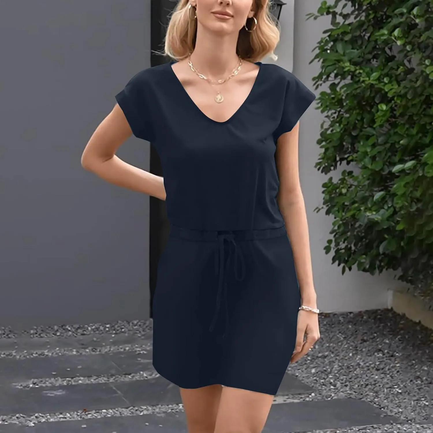 hlysgo Womens Summer Dress 2025 Casual Loose Fit Short Sleeve V Neck Mini Dress Drawstring Waist Petite Dresses with Pockets