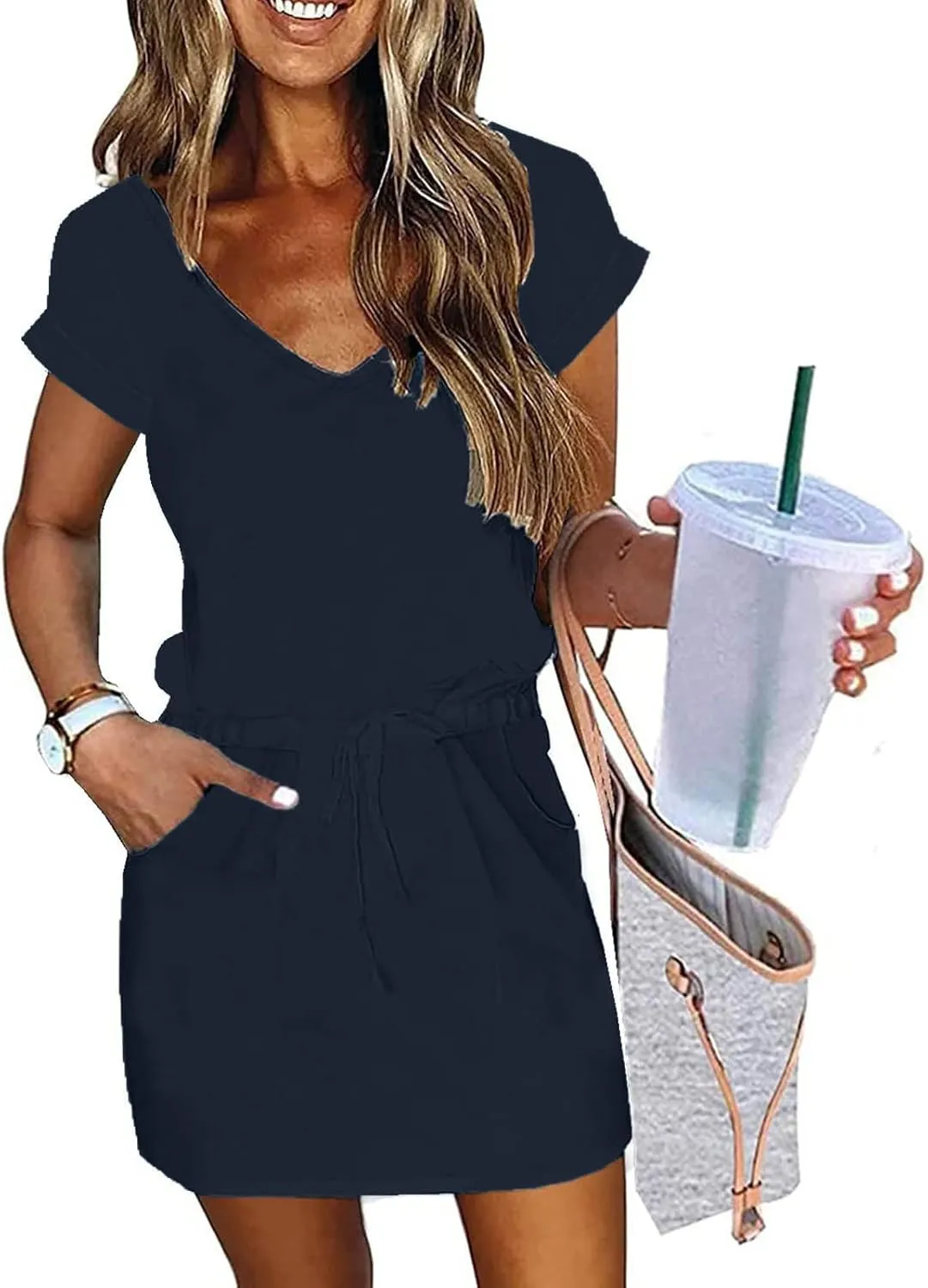 hlysgo Womens Summer Dress 2025 Casual Loose Fit Short Sleeve V Neck Mini Dress Drawstring Waist Petite Dresses with Pockets