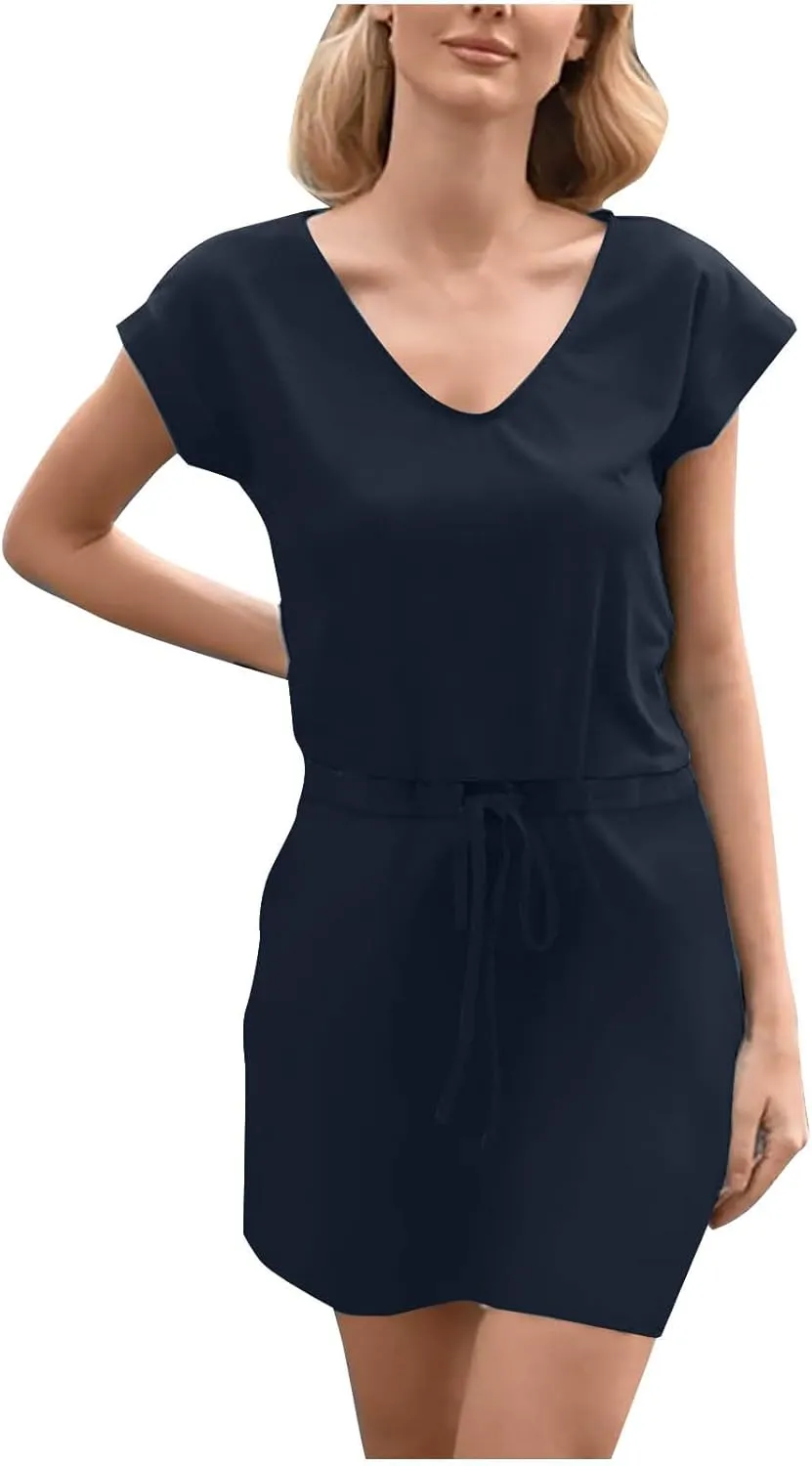 hlysgo Womens Summer Dress 2025 Casual Loose Fit Short Sleeve V Neck Mini Dress Drawstring Waist Petite Dresses with Pockets