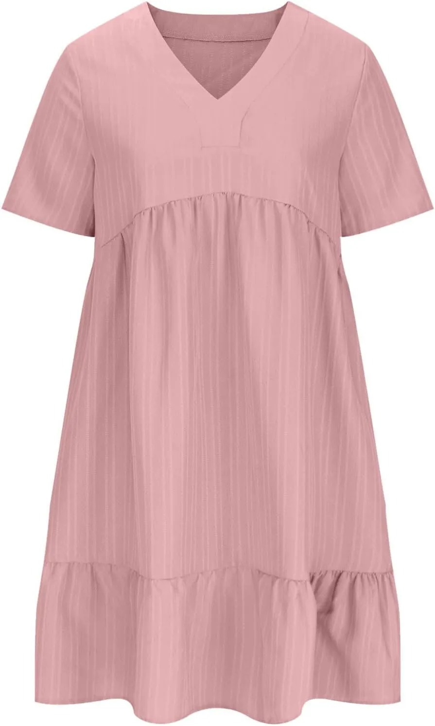 JOAU Women Summer Boho Short Sleeve Beach Textured Mini Dress Casual V-Neck Ruffle Hem Pleated T-Shirt Dress Travel Vacation