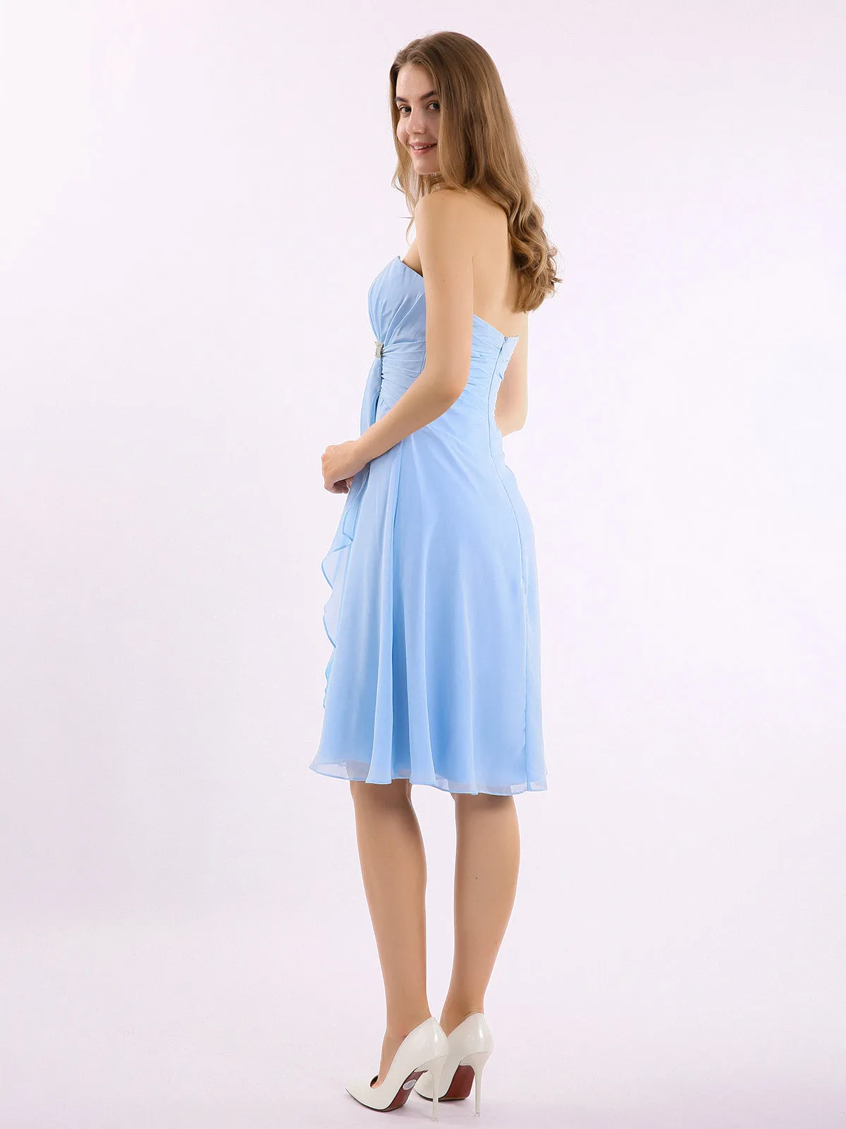 Knee Length Chiffon Dress with Sweetheart Neck-Sky Blue Plus Size