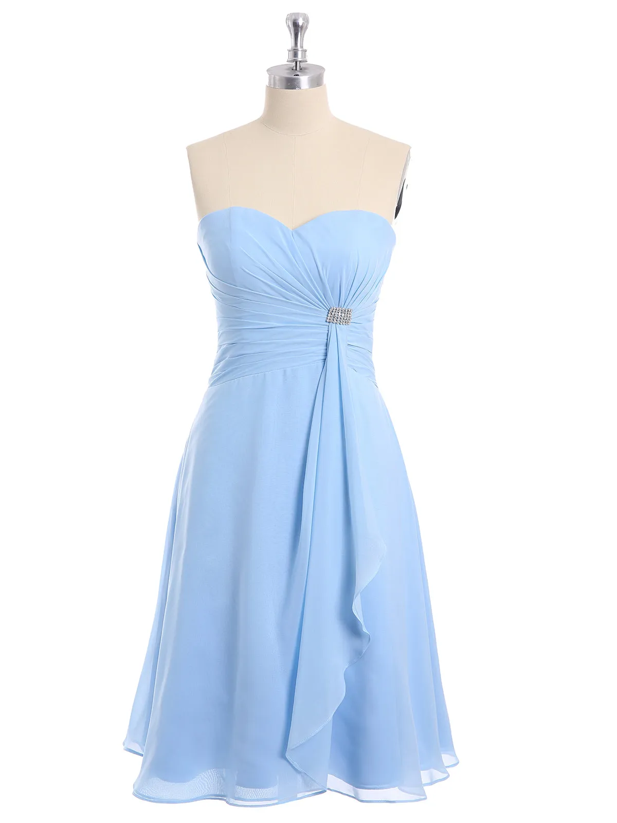 Knee Length Chiffon Dress with Sweetheart Neck-Sky Blue Plus Size