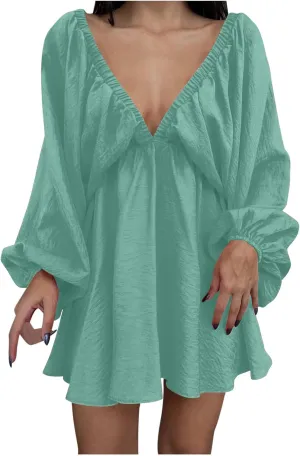 Knee Length Dress for Women 2025 Summer Sexy Long Sleeve V Neck Mini Dresses Casual Loose Fit Vintage Short Dress