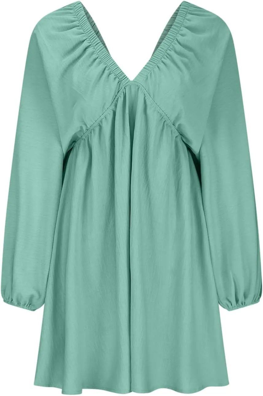 Knee Length Dress for Women 2025 Summer Sexy Long Sleeve V Neck Mini Dresses Casual Loose Fit Vintage Short Dress