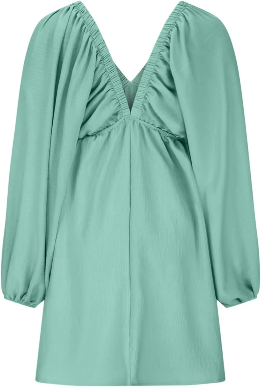 Knee Length Dress for Women 2025 Summer Sexy Long Sleeve V Neck Mini Dresses Casual Loose Fit Vintage Short Dress