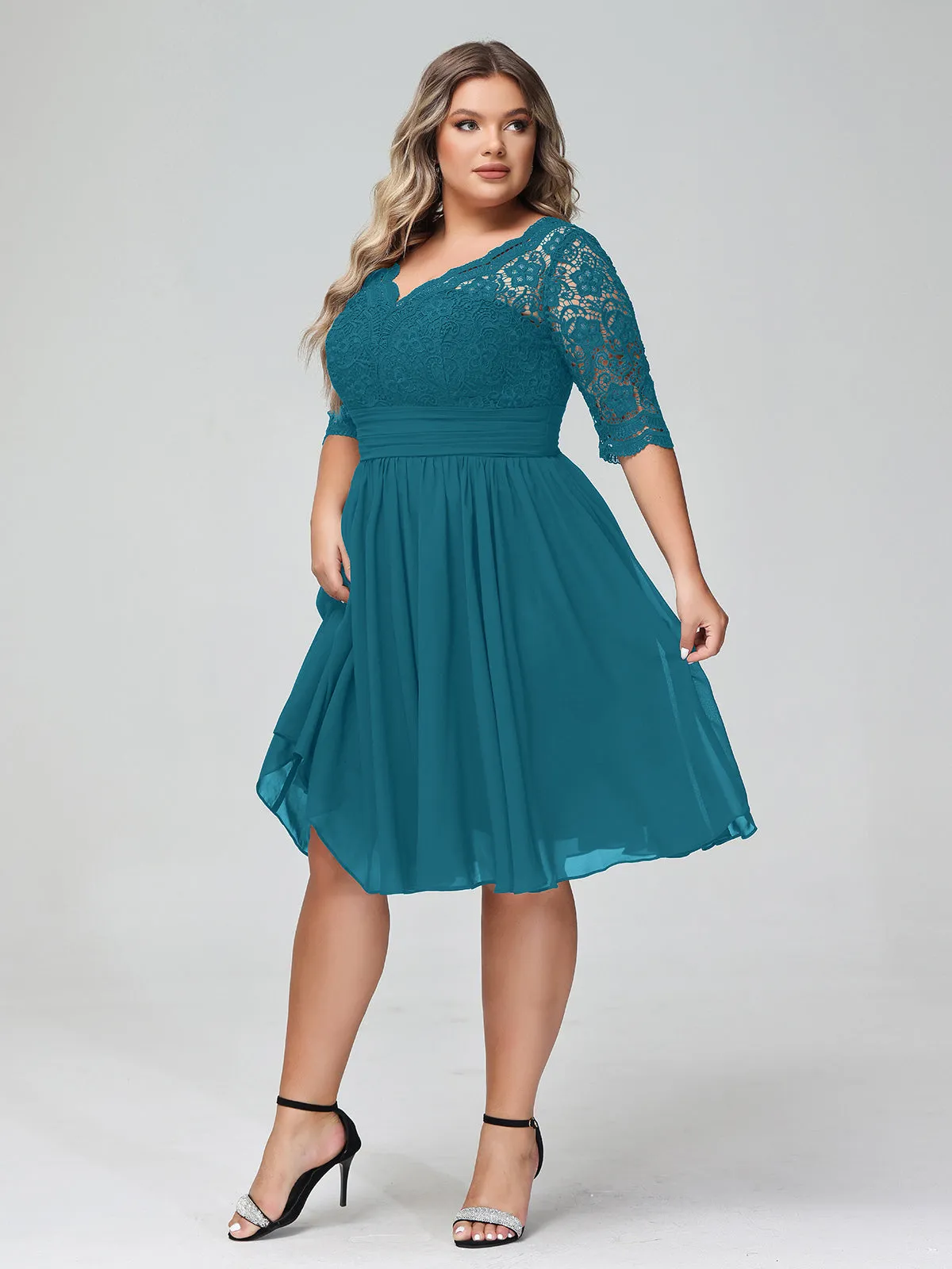 Lace and Chiffon Short Dress with Half Sleeves Ink Blue