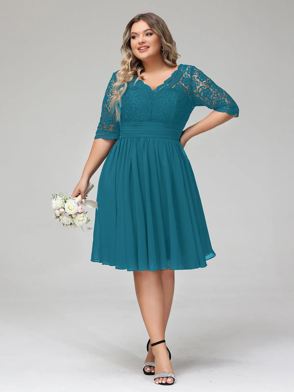 Lace and Chiffon Short Dress with Half Sleeves Ink Blue