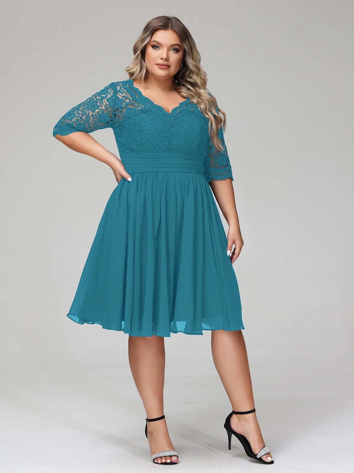 Lace and Chiffon Short Dress with Half Sleeves Ink Blue