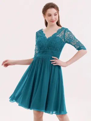 Lace and Chiffon Short Dress with Half Sleeves Ink Blue