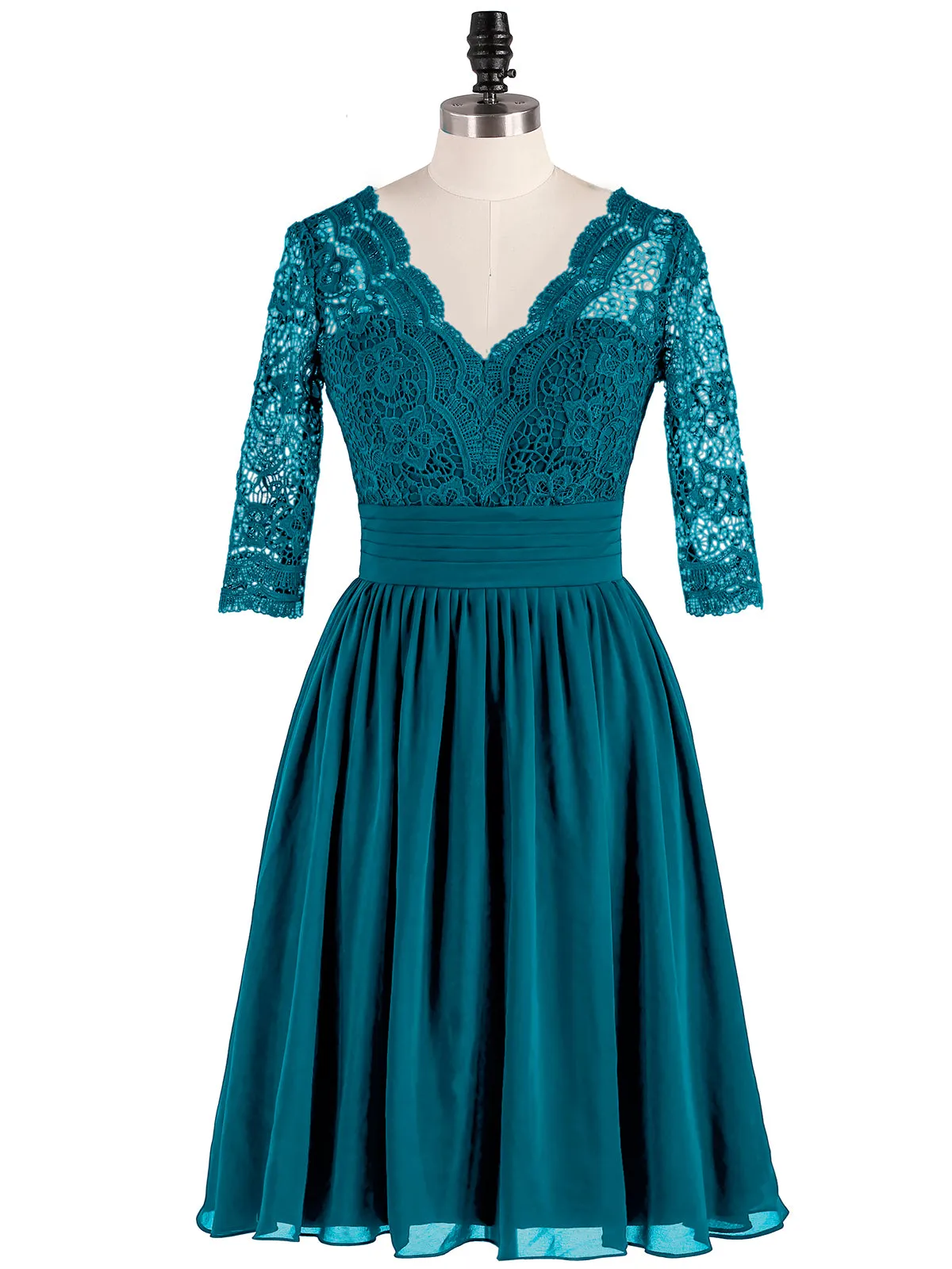 Lace and Chiffon Short Dress with Half Sleeves Ink Blue