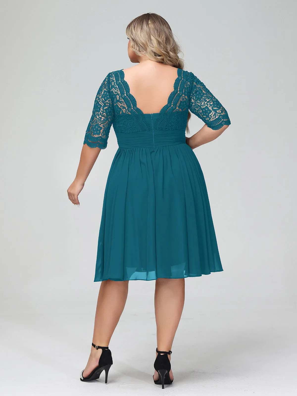 Lace and Chiffon Short Dress with Half Sleeves Ink Blue