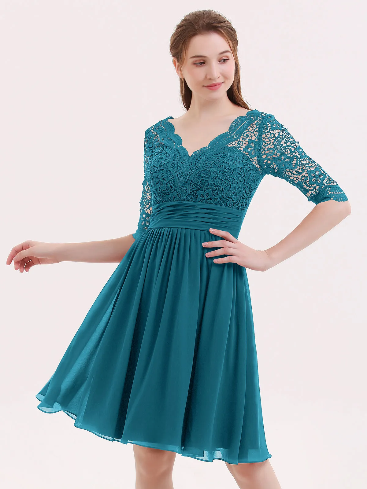 Lace and Chiffon Short Dress with Half Sleeves Ink Blue