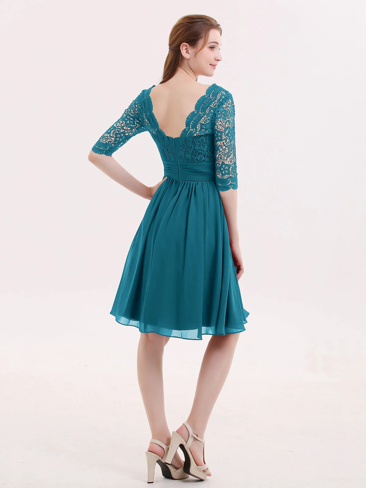 Lace and Chiffon Short Dress with Half Sleeves Ink Blue