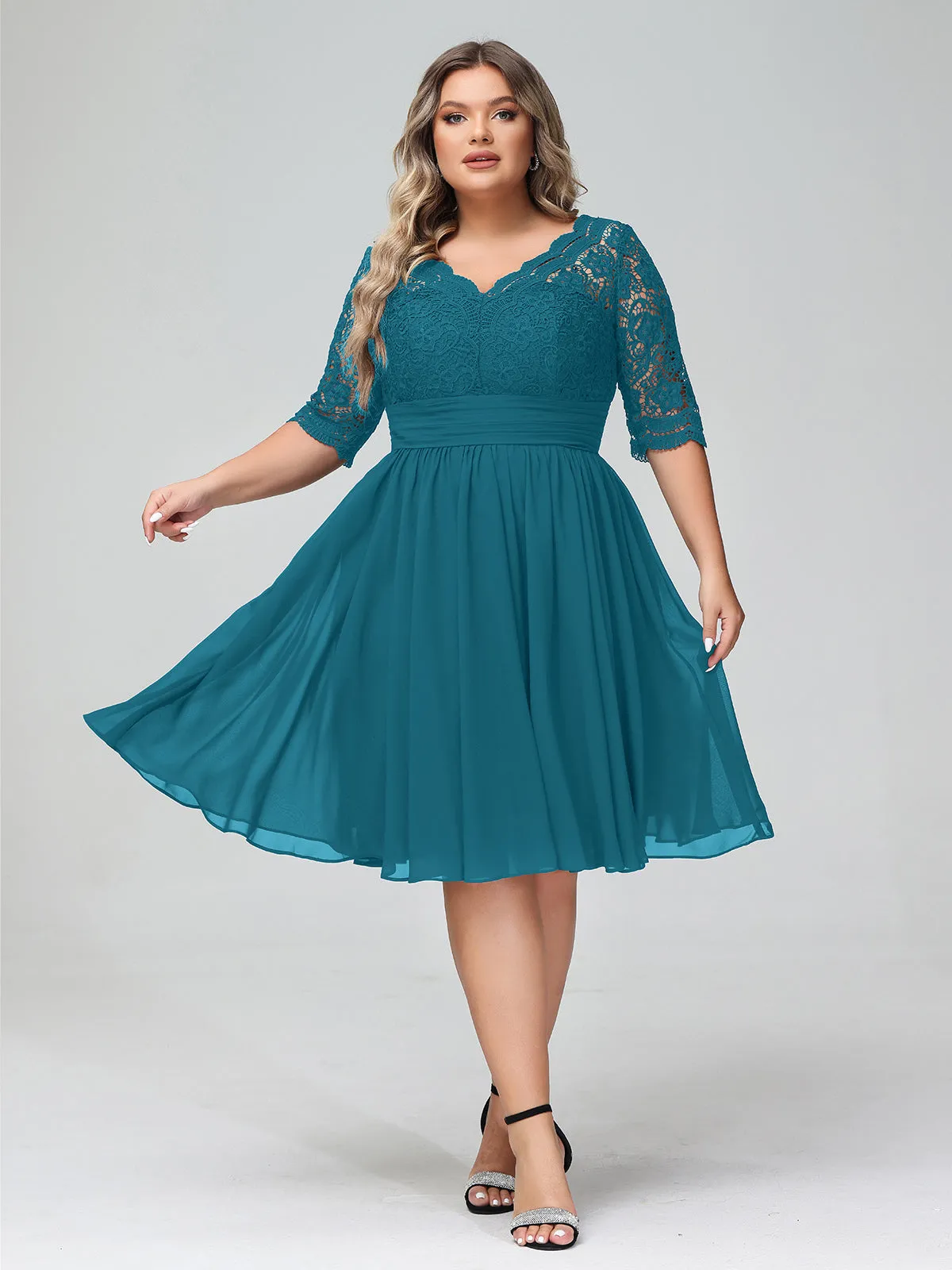 Lace and Chiffon Short Dress with Half Sleeves Ink Blue