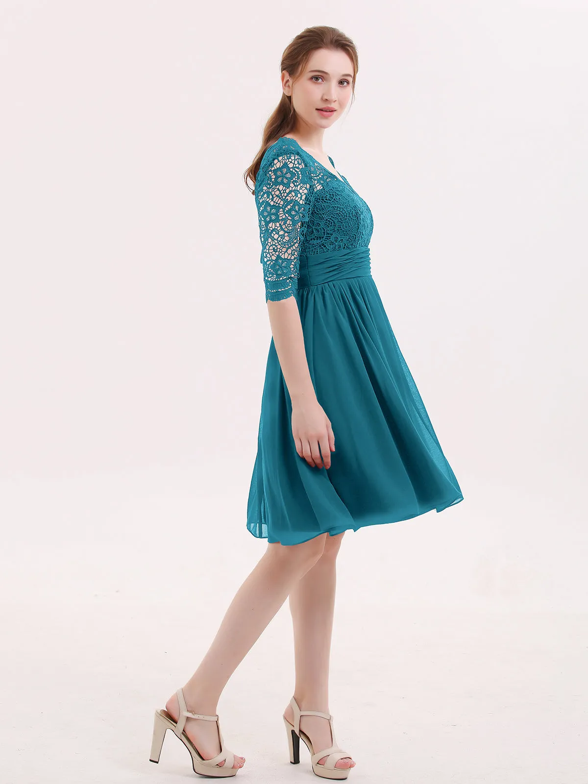 Lace and Chiffon Short Dress with Half Sleeves Ink Blue