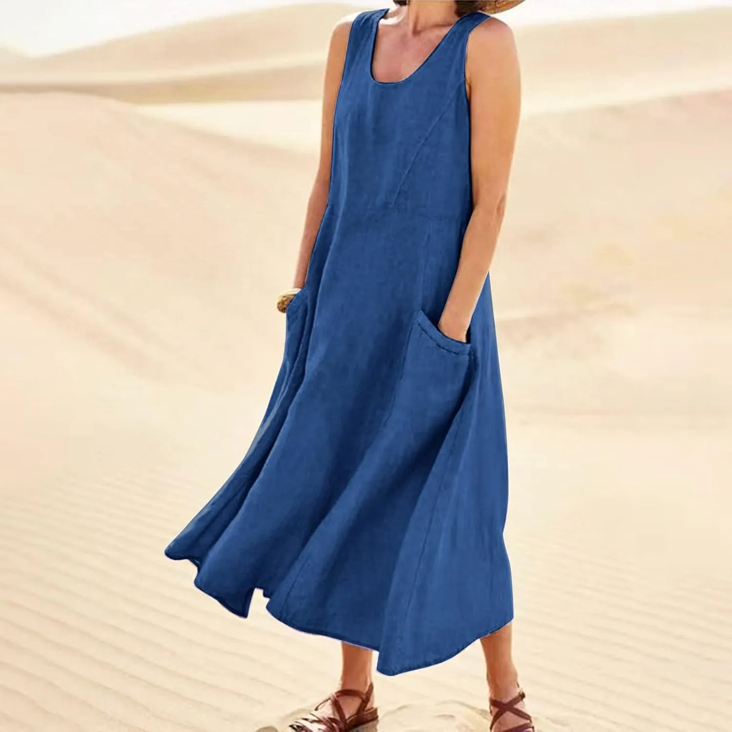 Linen Summer Dresses for Women 2025 Plus Size Maxi Flowy Sleeveless Sun Dress Beach Boho Casual Sundresses with Pockets