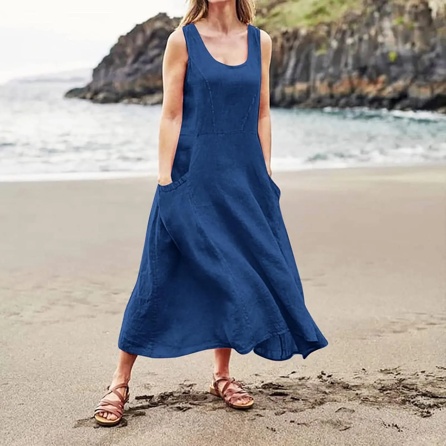 Linen Summer Dresses for Women 2025 Plus Size Maxi Flowy Sleeveless Sun Dress Beach Boho Casual Sundresses with Pockets