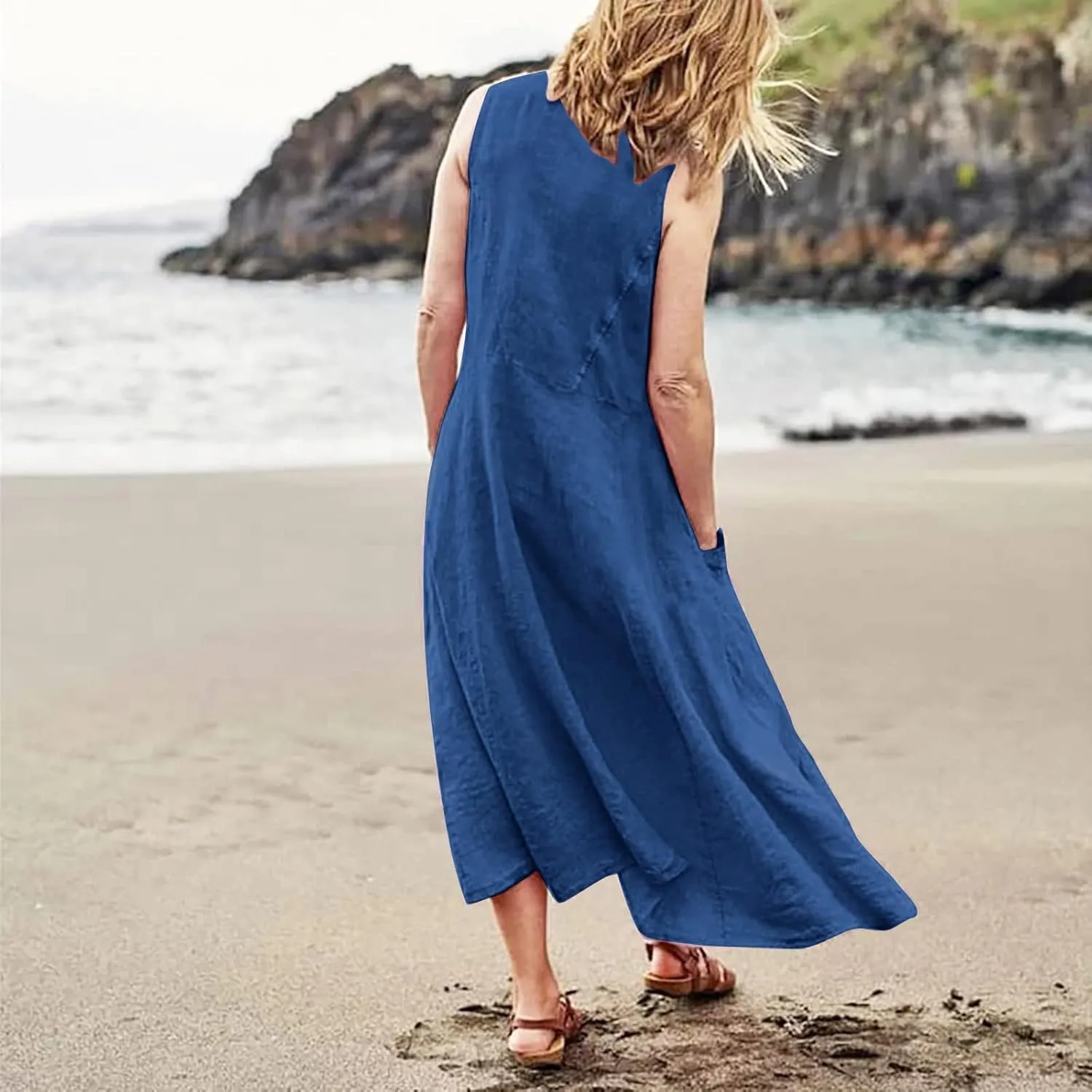 Linen Summer Dresses for Women 2025 Plus Size Maxi Flowy Sleeveless Sun Dress Beach Boho Casual Sundresses with Pockets