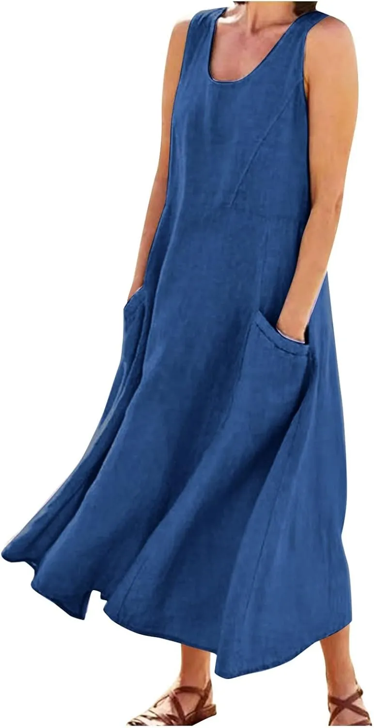 Linen Summer Dresses for Women 2025 Plus Size Maxi Flowy Sleeveless Sun Dress Beach Boho Casual Sundresses with Pockets