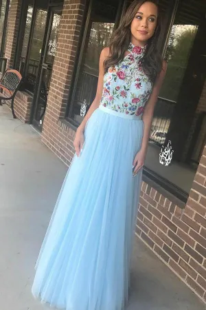 Long A-line Light Sky Blue Tulle Flowy Halter Long Prom Dresses Cheap Evening SWK12609