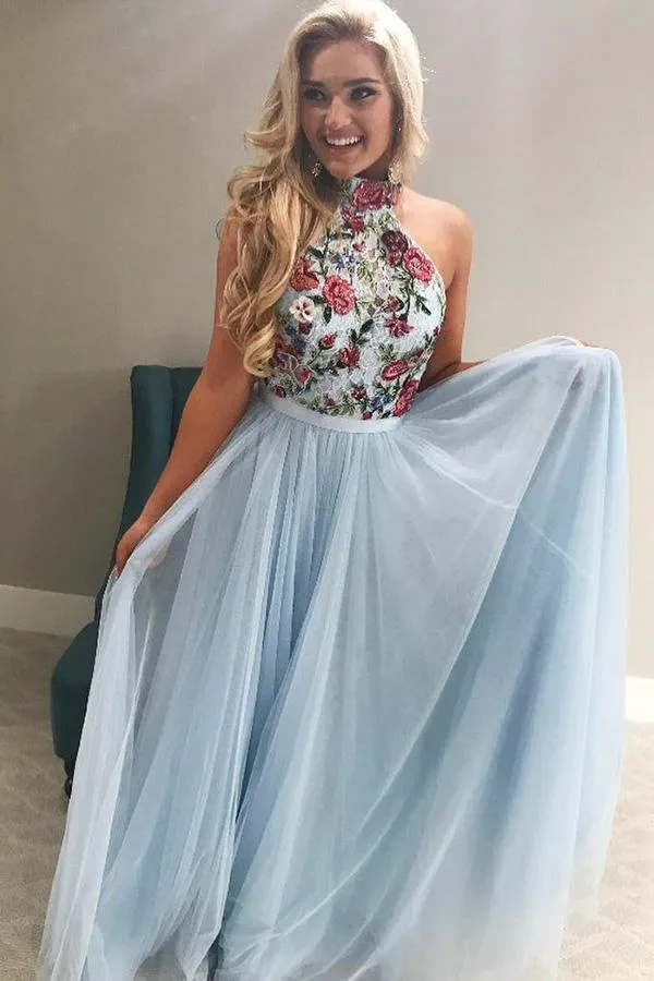 Long A-line Light Sky Blue Tulle Flowy Halter Long Prom Dresses Cheap Evening SWK12609