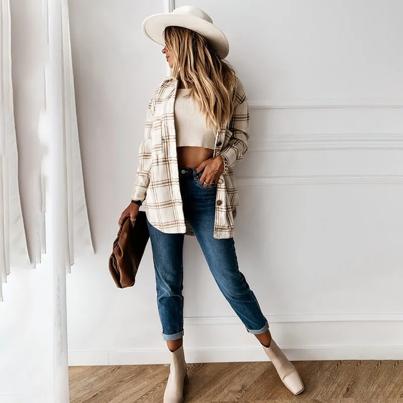 Long Sleeve Loose Casual Plaid Button Up Turn-down Collared Top