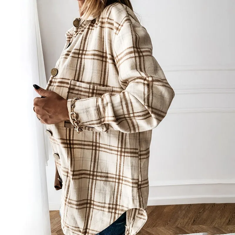 Long Sleeve Loose Casual Plaid Button Up Turn-down Collared Top