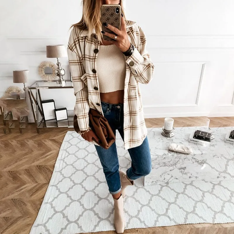 Long Sleeve Loose Casual Plaid Button Up Turn-down Collared Top