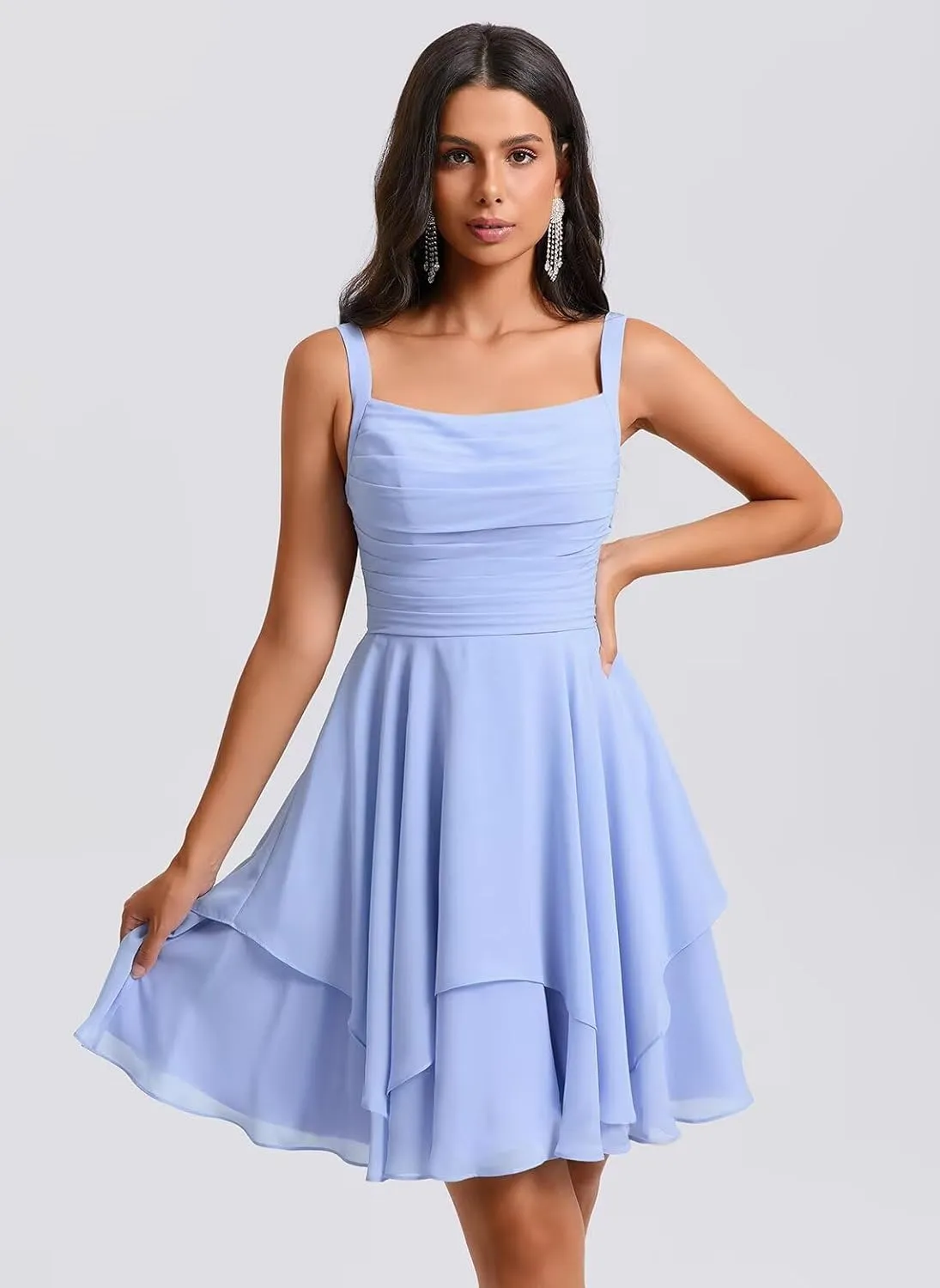 Loyeloy Women's Scoop Neck Short Bridesmaid Dresses with Pockets 2025 Sexy Backless Chiffon Formal Party Dress