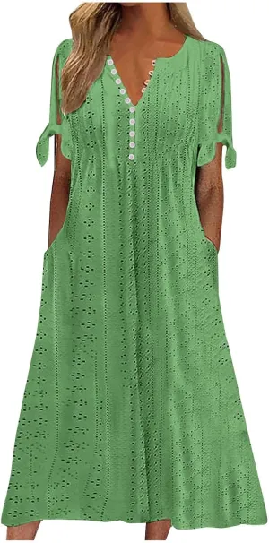 Maxi Long Dresses for Women 2025 Trendy Short Sleeve Eyelet Tshirt Dress Casual Summer Beach Vacation Sundress