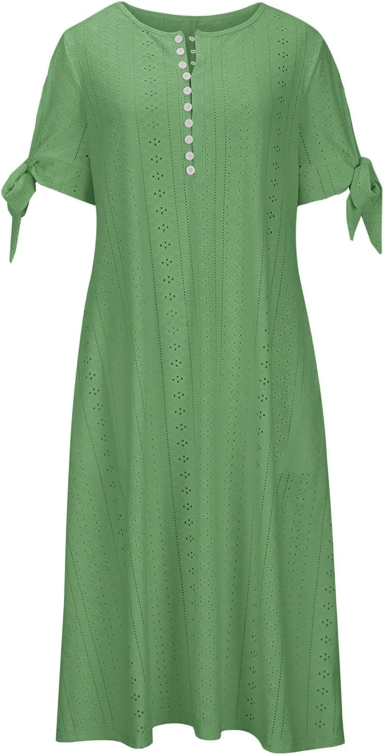 Maxi Long Dresses for Women 2025 Trendy Short Sleeve Eyelet Tshirt Dress Casual Summer Beach Vacation Sundress